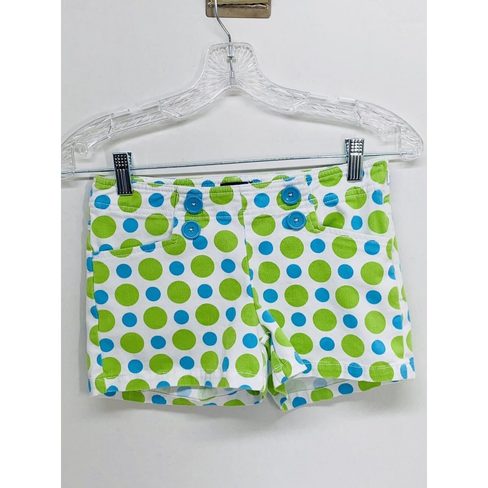 Mini Boden Shorts Size 10Y White W/Blue & Green Polka Dots Side Zipper 4 Pockets